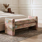 Modern upholstered entryway bench covered in Pink Scenic Forest Landscape Fabric showing the pattern scale on furniture.