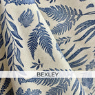 Blue fern botanical cotton linen fabric with detailed foliage print in soft blue on natural background