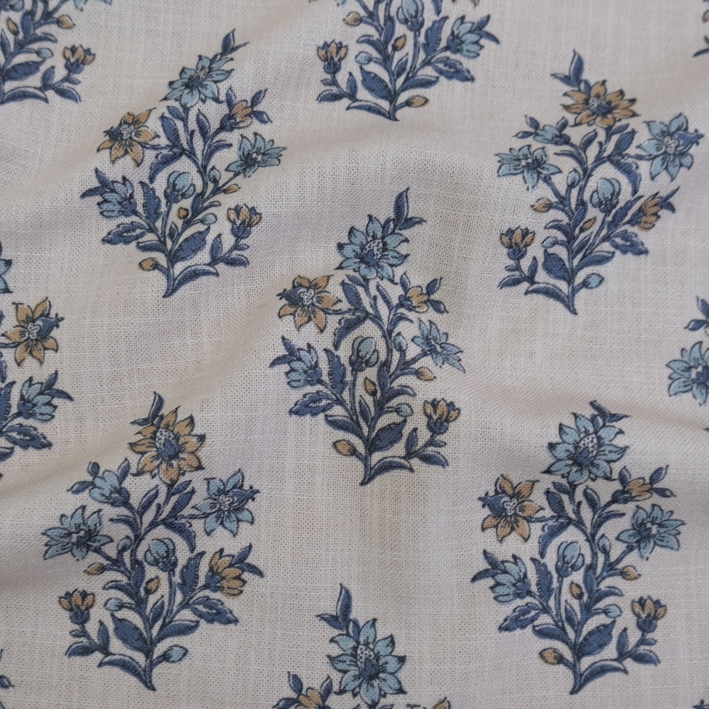 Blue Floral Block Print Fabric by the Yard- Handcrafted Cotton Textile for Curtains & Upholstery