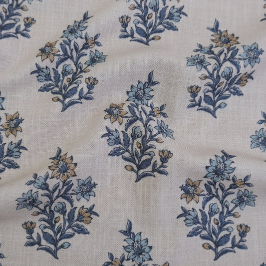 Blue Floral Block Print Fabric by the Yard- Handcrafted Cotton Textile for Curtains & Upholstery