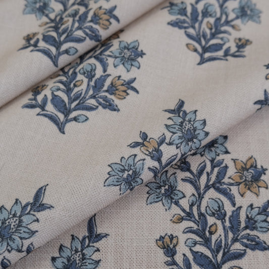 Blue Floral Block Print Fabric by the Yard- Handcrafted Cotton Textile for Curtains & Upholstery