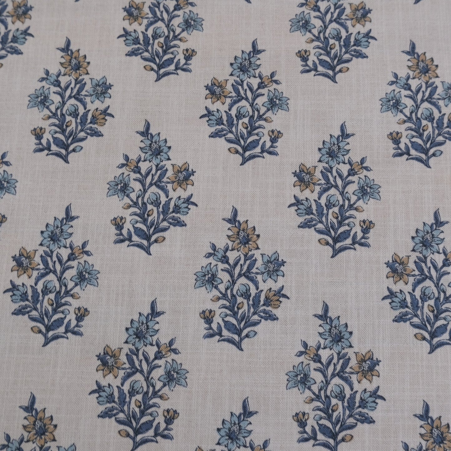 Blue Floral Block Print Fabric by the Yard- Handcrafted Cotton Textile for Curtains & Upholstery
