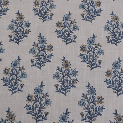 Blue Floral Block Print Fabric by the Yard- Handcrafted Cotton Textile for Curtains & Upholstery