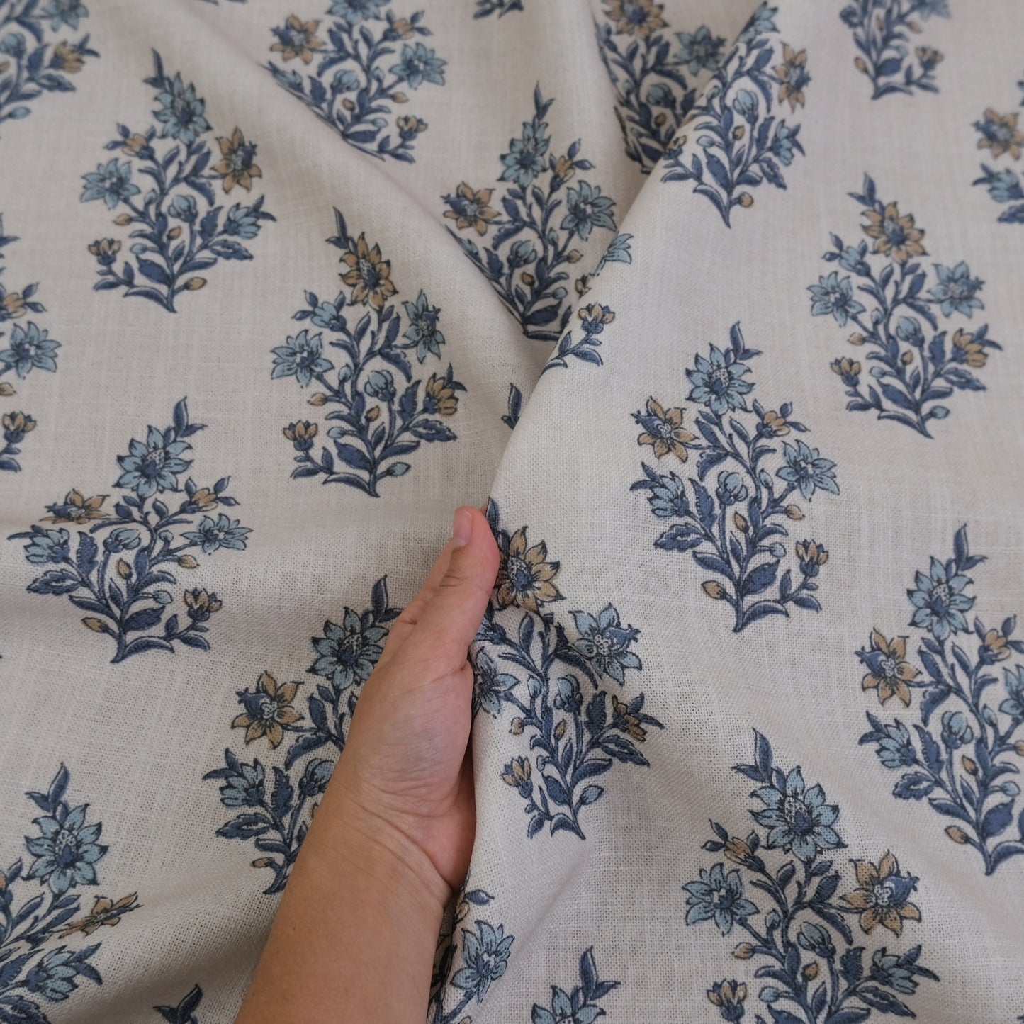 Blue Floral Block Print Fabric by the Yard- Handcrafted Cotton Textile for Curtains & Upholstery