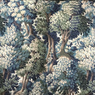 The image is a detailed tapestry or fabric with a lush, forest-like scene. It features a variety of trees and foliage in shades of green, blue, and white, creating a sense of depth and complexity. The overall composition is intricate and visually striking, with the intricate patterns and textures of the fabric or tapestry drawing the viewer's attention.