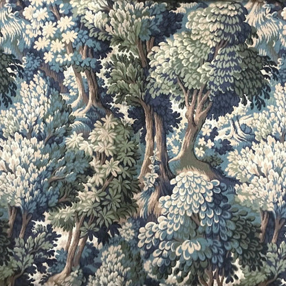 The image is a detailed tapestry or fabric with a lush, forest-like scene. It features a variety of trees and foliage in shades of green, blue, and white, creating a sense of depth and complexity. The overall composition is intricate and visually striking, with the intricate patterns and textures of the fabric or tapestry drawing the viewer's attention.
