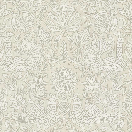 a repeating pattern of intricate floral and bird designs in a light beige color.
