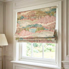 Custom Roman shade window treatment using Pink Scenic Forest Landscape Fabric in a neutral bedroom.