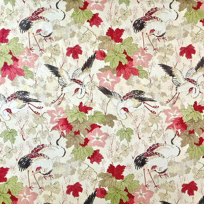 Ivory Crane Bird Print Cotton Fabric - Japanese-Inspired Textile for Home Decor