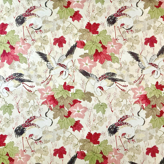 Ivory Crane Bird Print Cotton Fabric - Japanese-Inspired Textile for Home Decor