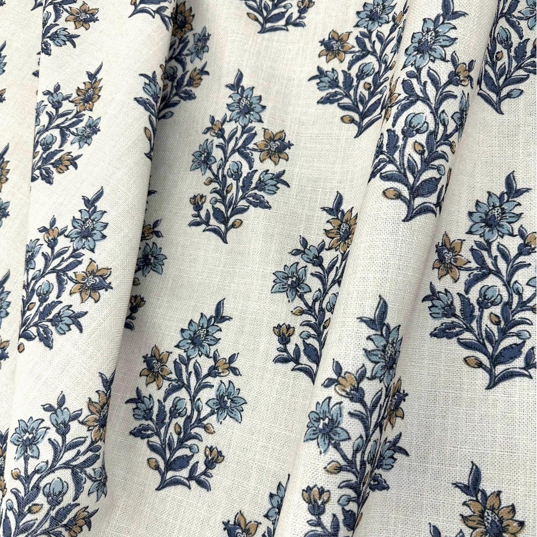 Blue Floral Block Print Fabric Drapery Interior French Blue Patterned Fabric for Curtain Pillow Sewing Accent Home Decor Living Room Bedroom