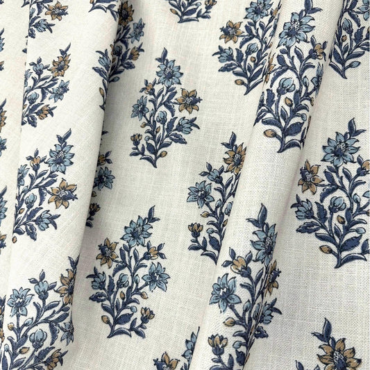 Blue Floral Block Print Fabric Drapery Interior French Blue Patterned Fabric for Curtain Pillow Sewing Accent Home Decor Living Room Bedroom
