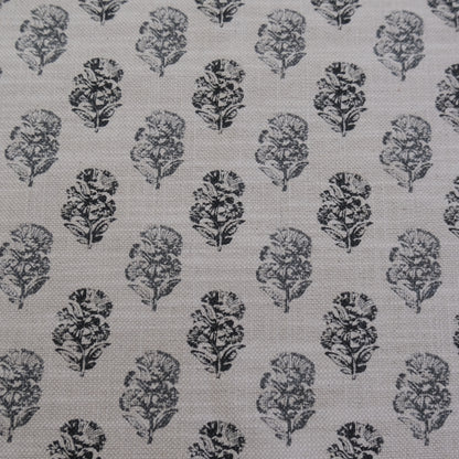 Charlotte Charcoal Block Print Floral Fabric- Cotton Linen Drapery Textile