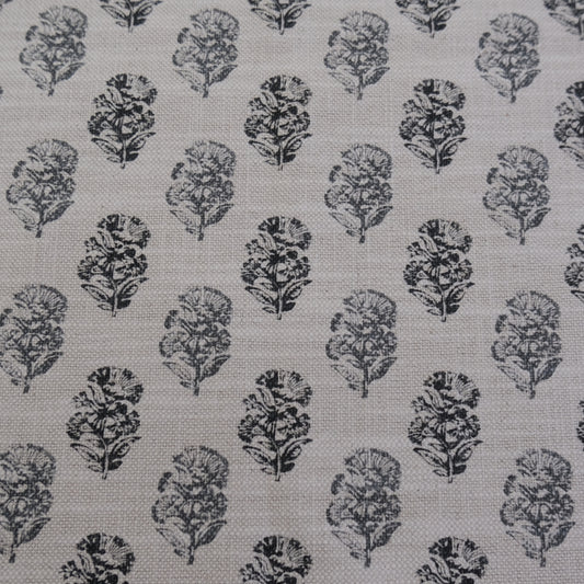 Charlotte Charcoal Block Print Floral Fabric- Cotton Linen Drapery Textile