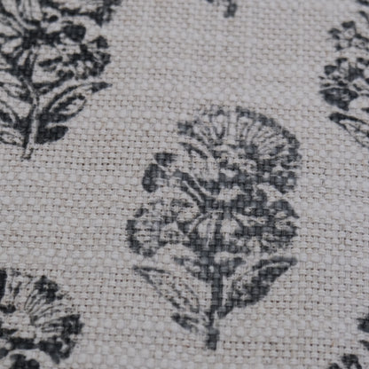 Charlotte Charcoal Block Print Floral Fabric- Cotton Linen Drapery Textile