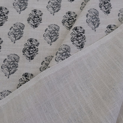 Charlotte Charcoal Block Print Floral Fabric- Cotton Linen Drapery Textile
