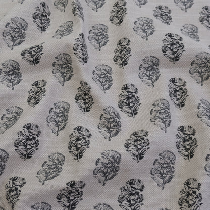 Charlotte Charcoal Block Print Floral Fabric- Cotton Linen Drapery Textile