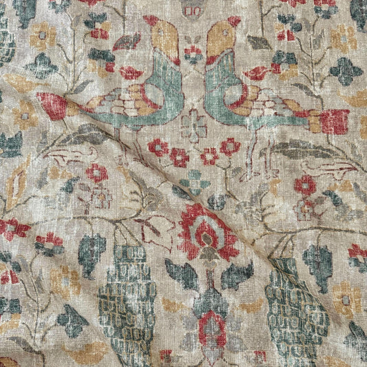 Elysian Fawn Bird and Floral Fabric- Designer Cotton for Upholstery