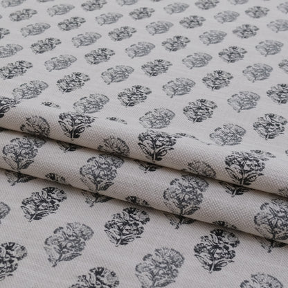 Charlotte Charcoal Block Print Floral Fabric- Cotton Linen Drapery Textile