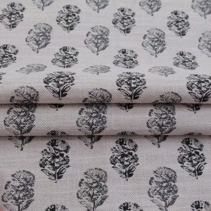 Charlotte Charcoal Block Print Floral Fabric- Cotton Linen Drapery Textile