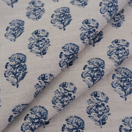 Indigo Sand Block Floral Print Upholstery Fabric by the Yard – Artisan Vintage Floral Cotton