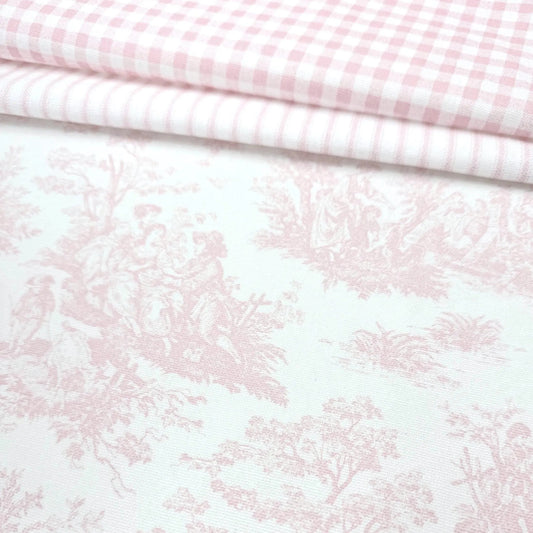 Soft Pink Toile Gingham and pinstripe Fabric