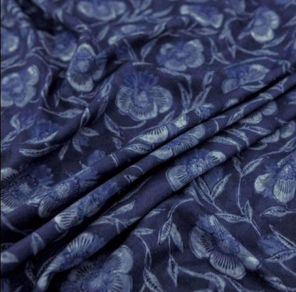 Indigo Floral Block Print Fabric featuring two tone navy blue design, ideal for maximalist decor window drapery yardage with a large scale midnight blue pattern for stylish home decor