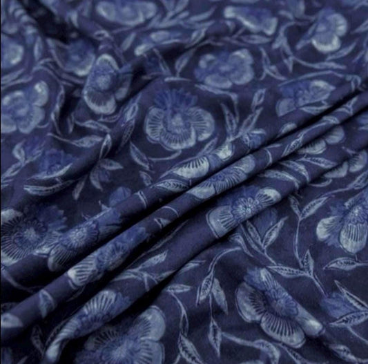 Indigo Floral Block Print Fabric featuring two tone navy blue design, ideal for maximalist decor window drapery yardage with a large scale midnight blue pattern for stylish home decor