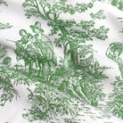 The image is a close-up of a fabric with a repeating pattern of a man and a woman on horseback, surrounded by trees and other figures, creating a detailed and intricate design.
