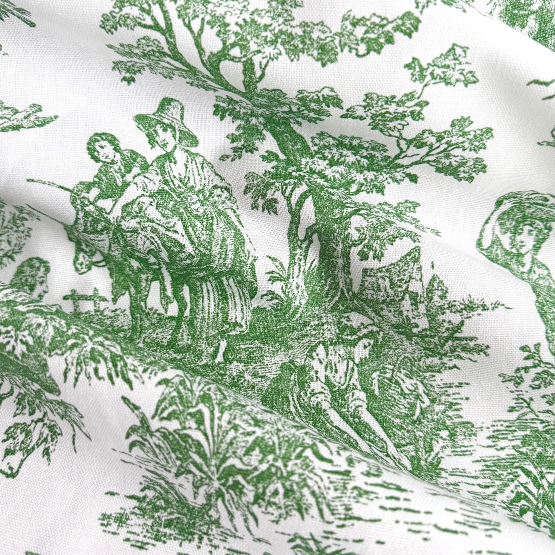 The image is a close-up of a fabric with a repeating pattern of a man and a woman on horseback, surrounded by trees and other figures, creating a detailed and intricate design.