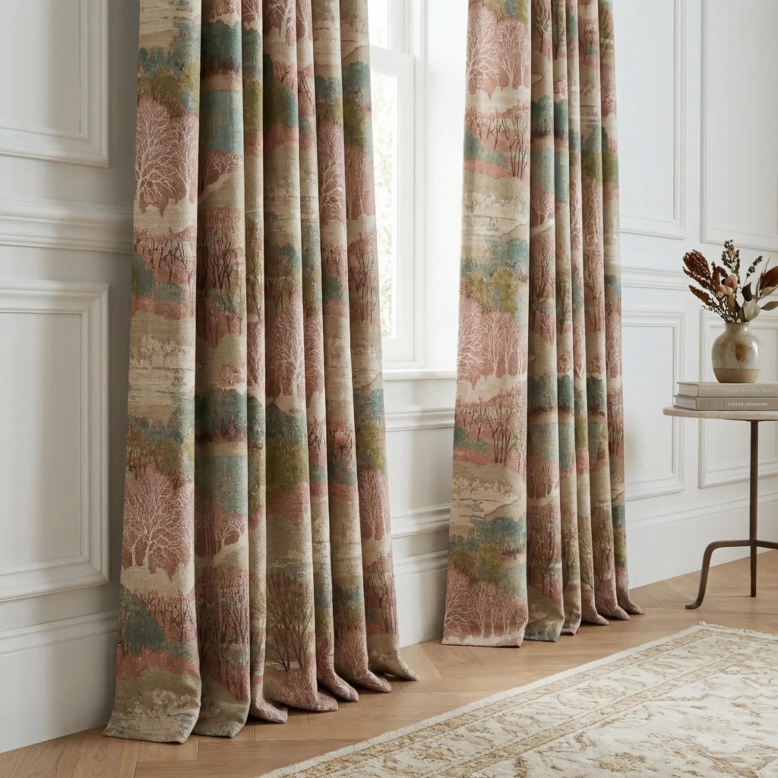 Floor-to-ceiling luxury drapery panels in Pink Scenic Forest Fabric styled in a bright living room.