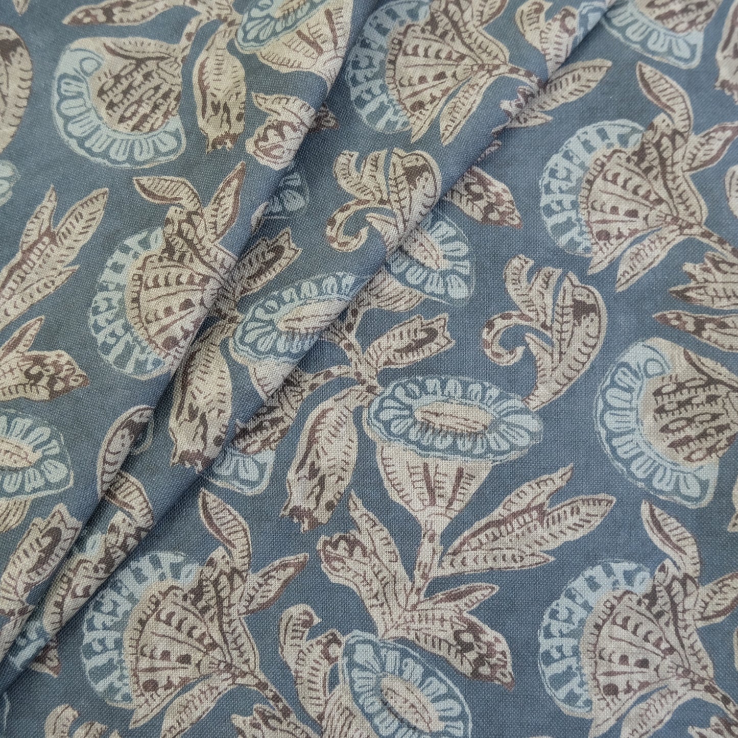 Slate Blue Floral Pattern Linen Blend Fabric- Upholstery & Home Decor