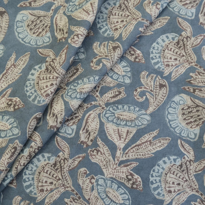 Slate Blue Floral Pattern Linen Blend Fabric- Upholstery & Home Decor