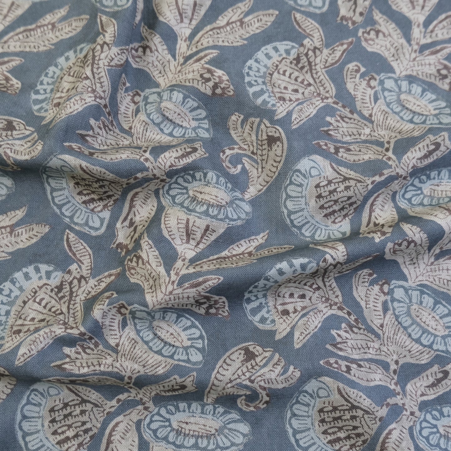 Slate Blue Floral Pattern Linen Blend Fabric- Upholstery & Home Decor