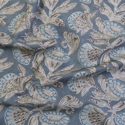 Slate Blue Floral Pattern Linen Blend Fabric- Upholstery & Home Decor