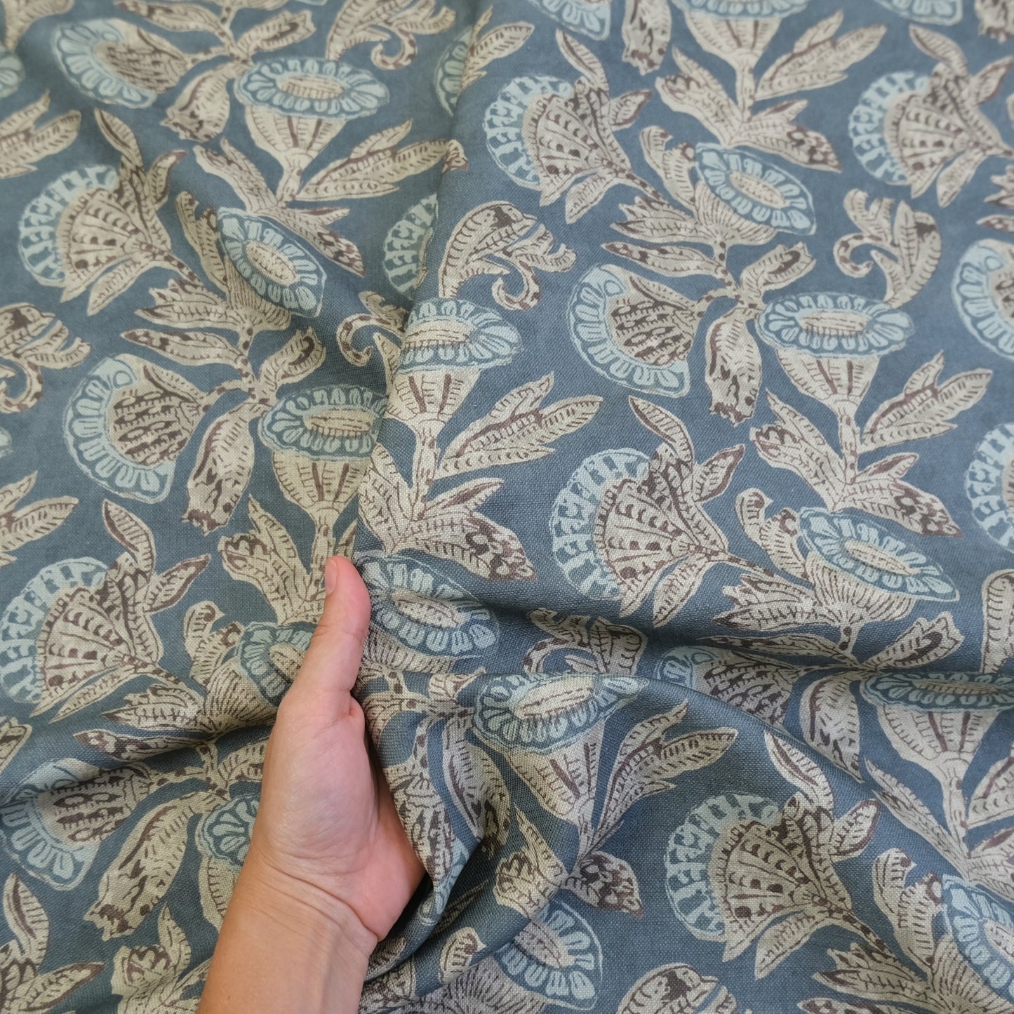 Slate Blue Floral Pattern Linen Blend Fabric- Upholstery & Home Decor