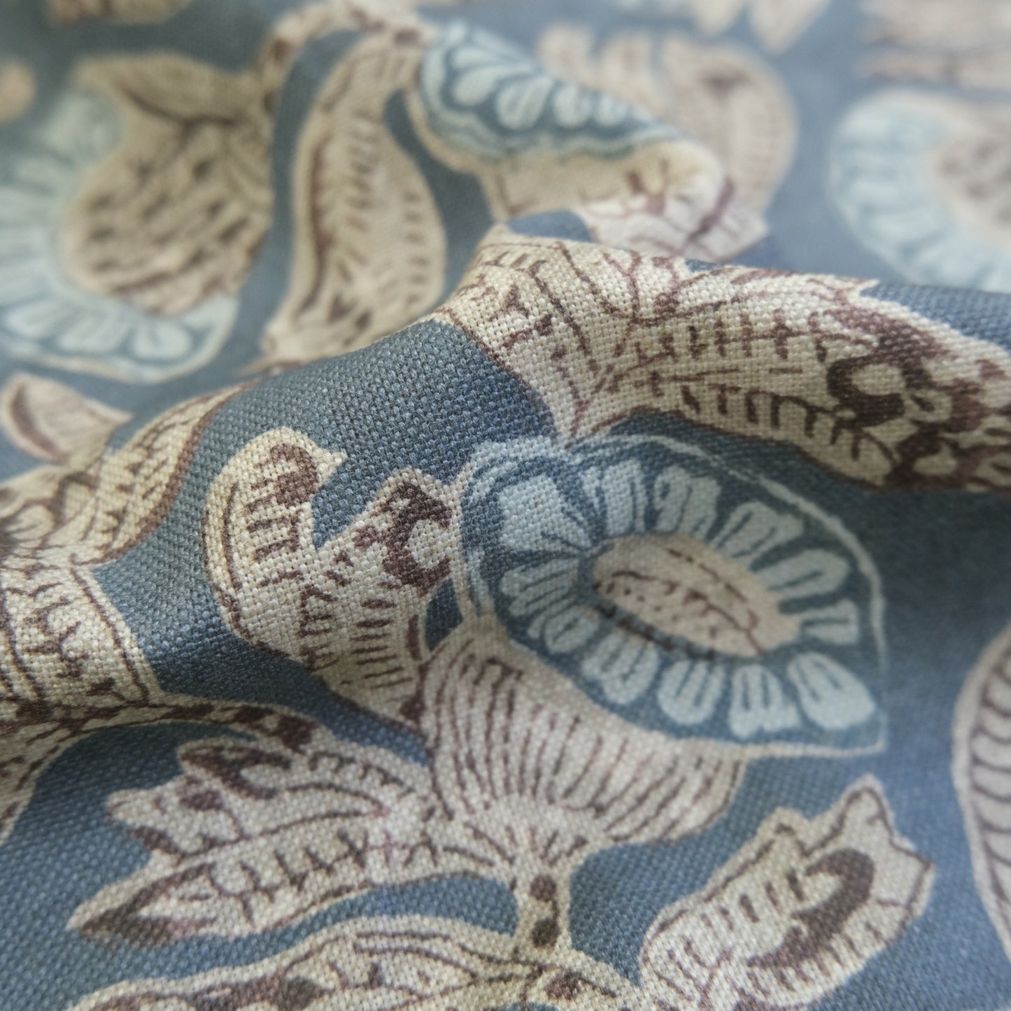 Slate Blue Floral Pattern Linen Blend Fabric- Upholstery & Home Decor