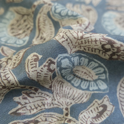 Slate Blue Floral Pattern Linen Blend Fabric- Upholstery & Home Decor