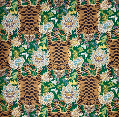 Full pattern repeat of Emerald Green Tiger Chinoiserie upholstery fabric featuring a bold animal and floral design.