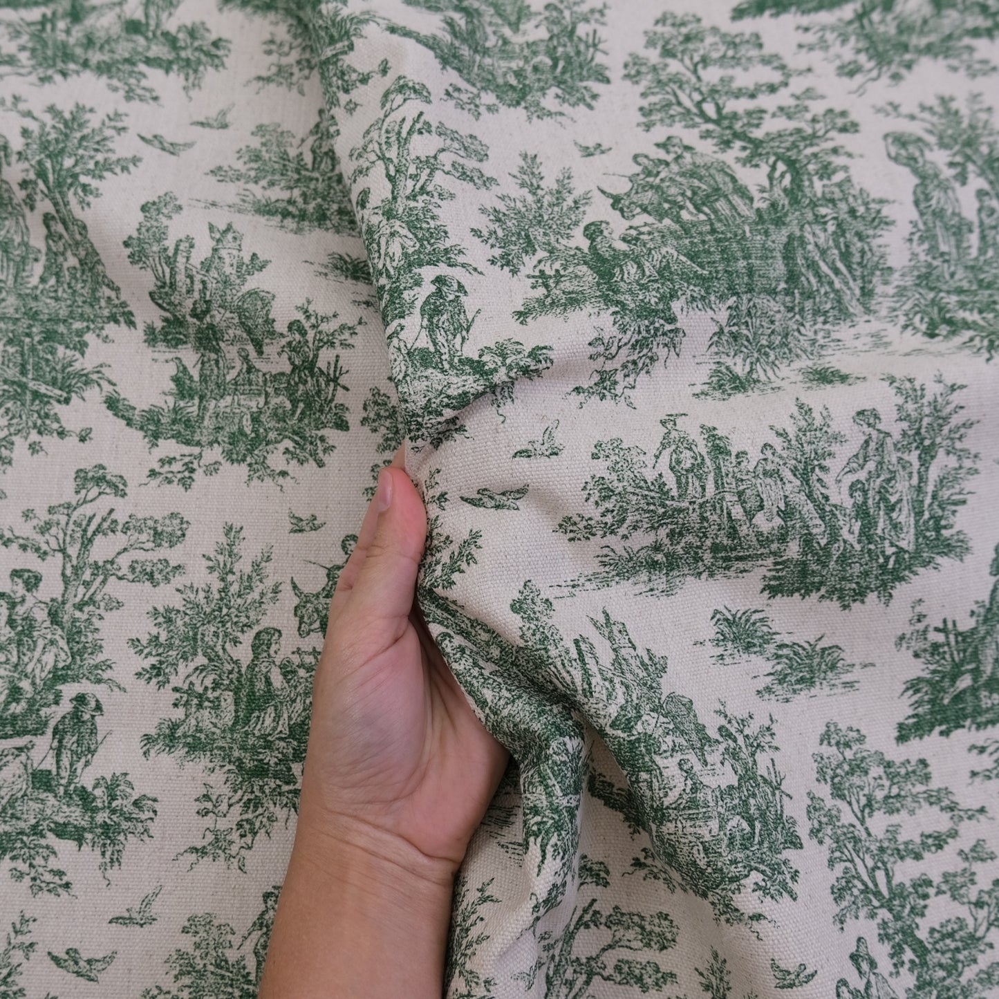 Green Toile Cotton Fabric Pastoral Landscape