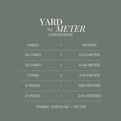 The image is a conversion chart that provides the relationship between yards and meters, as well as the corresponding fabric width in centimeters.