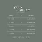 Yard to meter conversion chart and fabric width specifications for Brown Tiger Chinoiserie upholstery material to assist with project measurements.