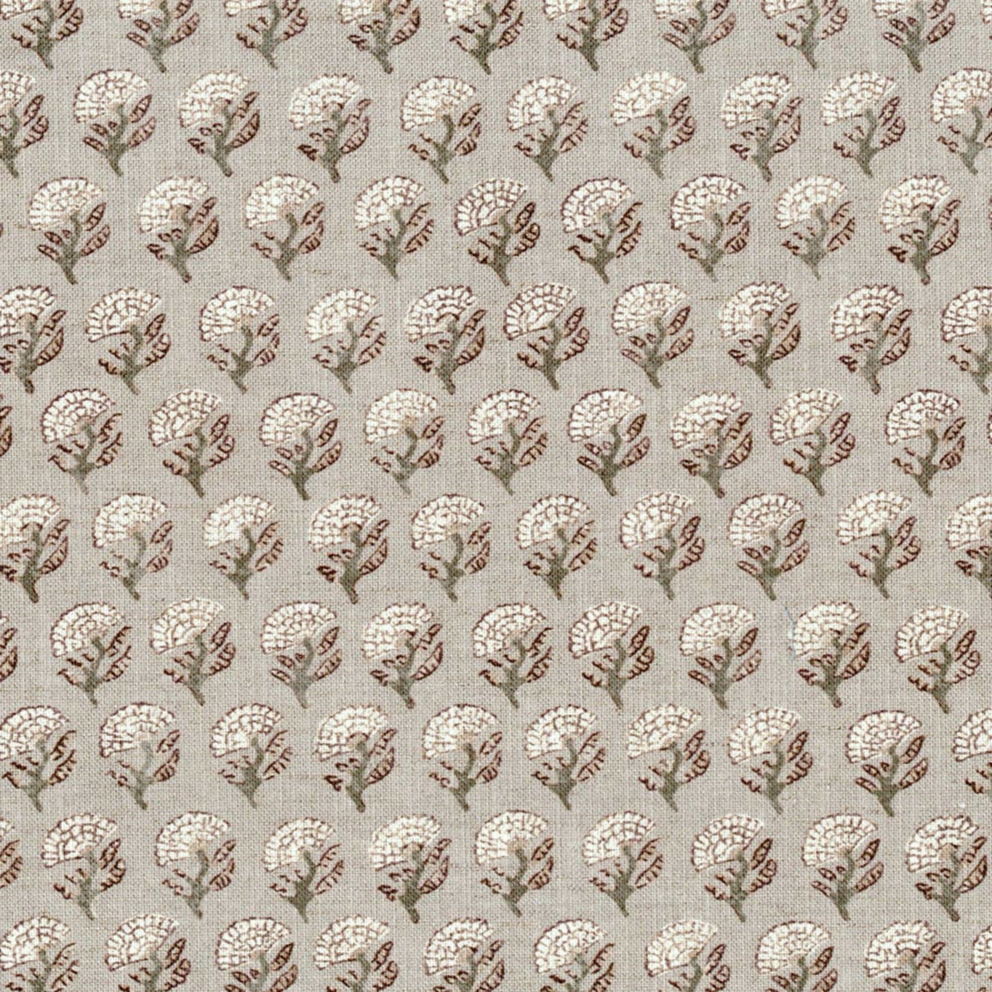 a repeating pattern of white flowers on a beige background.