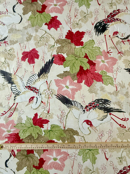 Ivory Crane Bird Print Cotton Fabric - Japanese-Inspired Textile for Home Decor