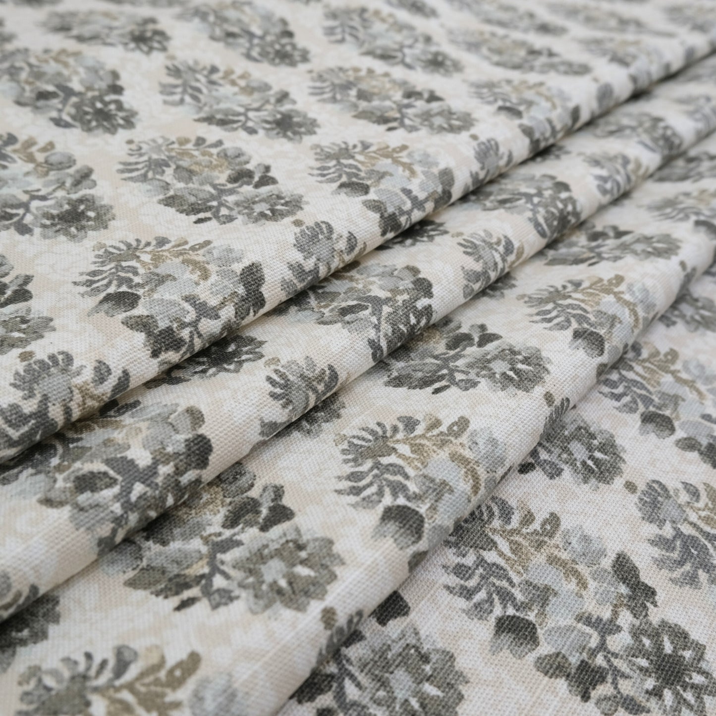 Stone Neutral Block Print Cotton Fabric- Gray Floral Canvas by the Yard for Upholstery & Decor
