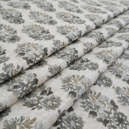 Stone Neutral Block Print Cotton Fabric- Gray Floral Canvas by the Yard for Upholstery & Decor