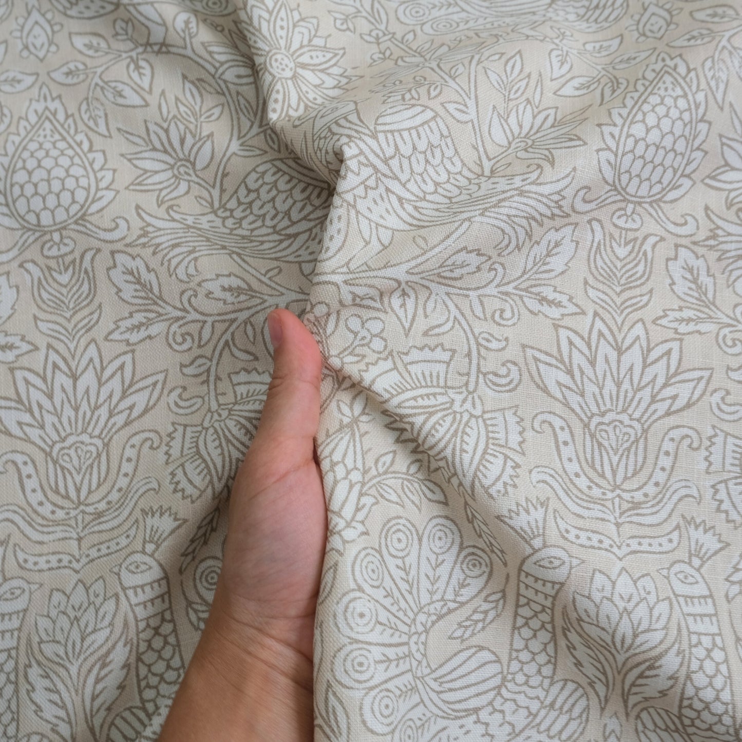 Taupe Bird Print Linen Cotton Fabric by the Yard – Artisan Neutral Upholstery & Drapery Textile