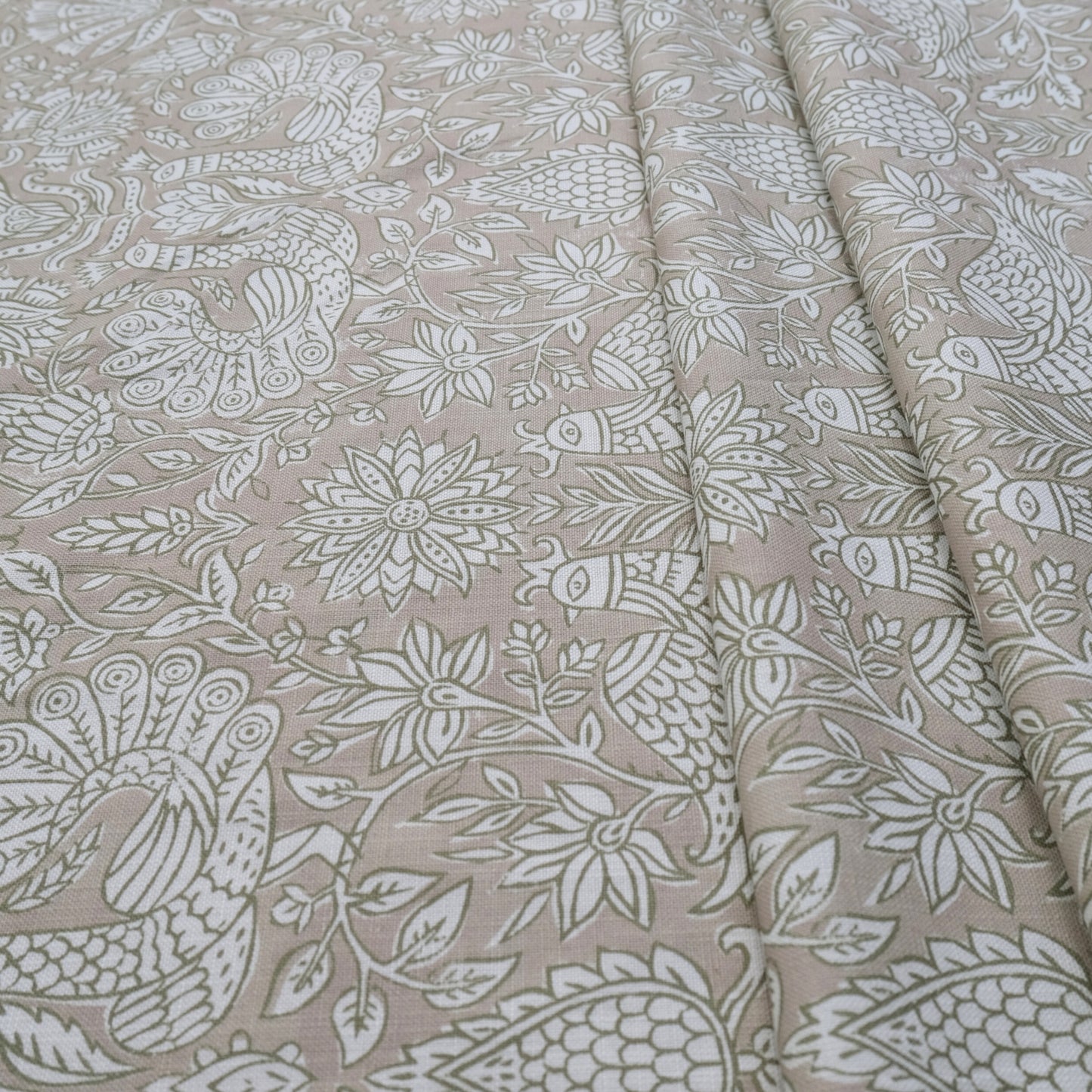 Olive Green Peacock Pattern Print Fabric