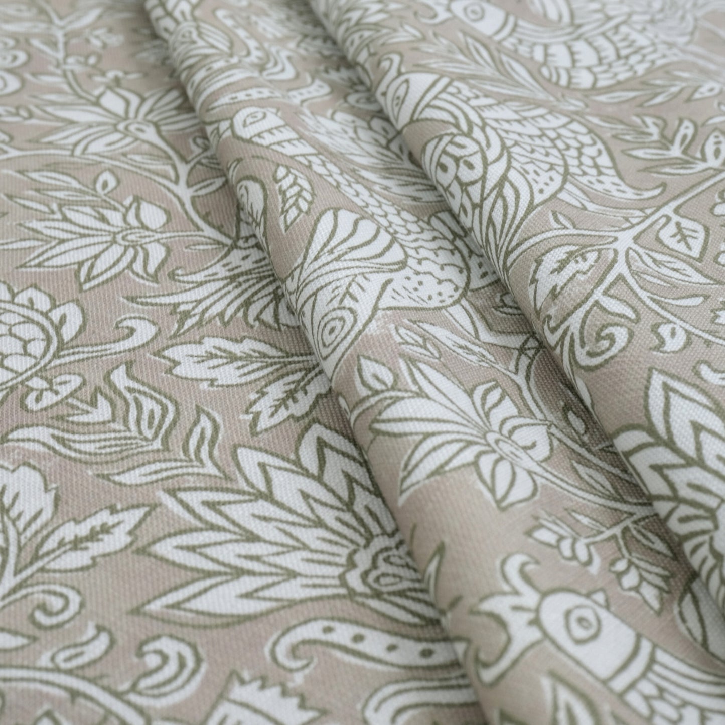 Olive Green Peacock Pattern Print Fabric