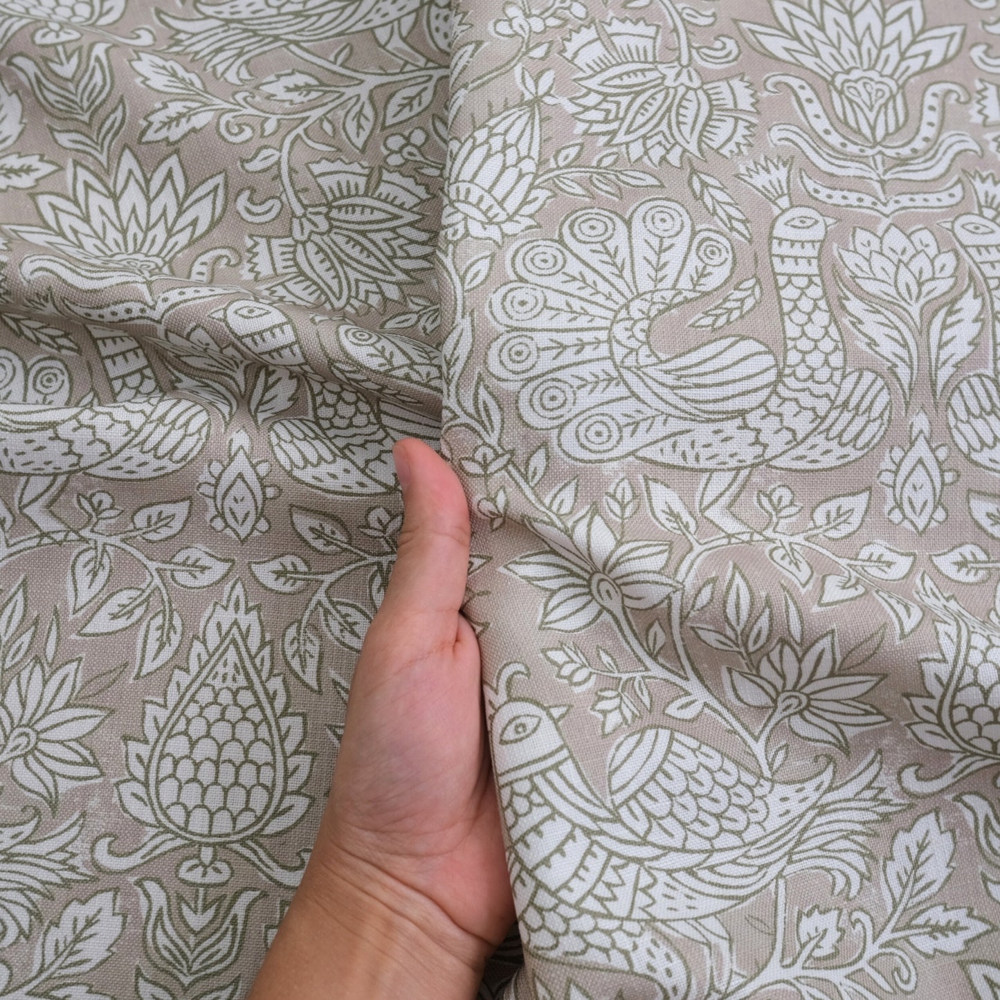 Olive Green Peacock Pattern Print Fabric